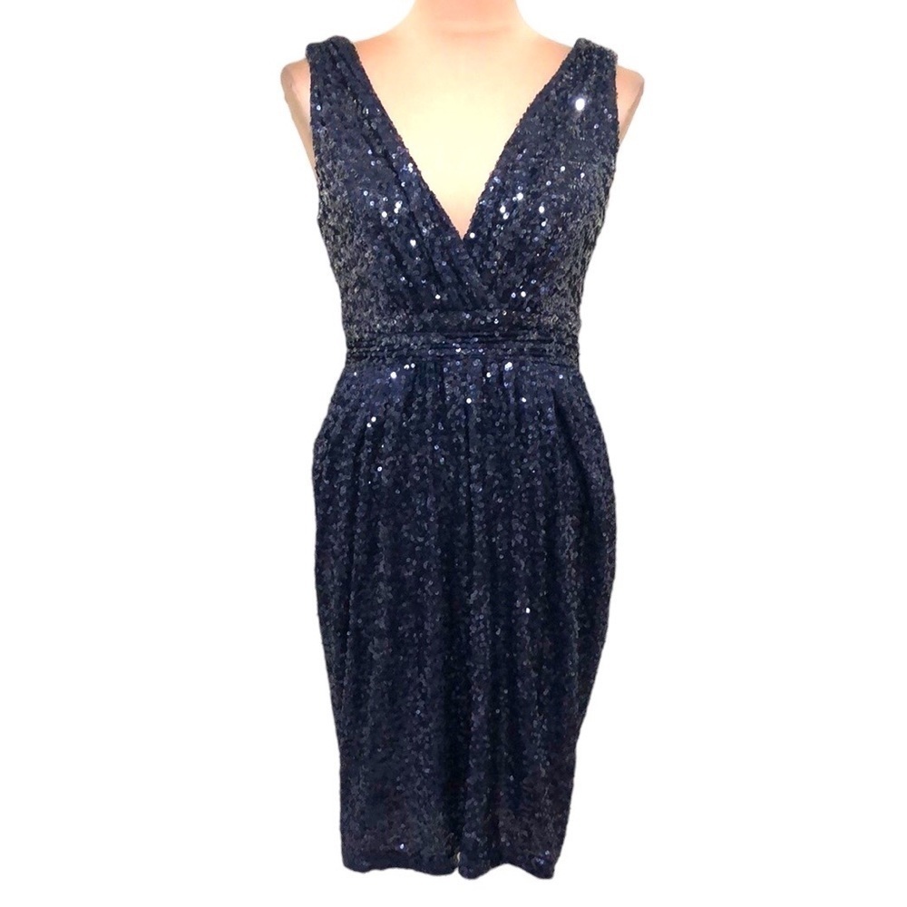Badgley Mischka Midnight Glamour Dress Size 2 Dark Navy Blue Sequin Sheath